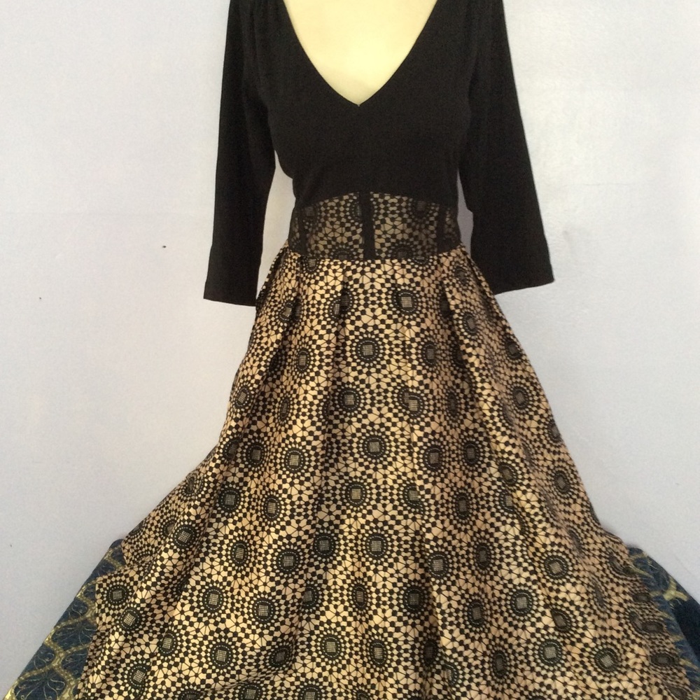 Black & cream tea length graphic lace print dress